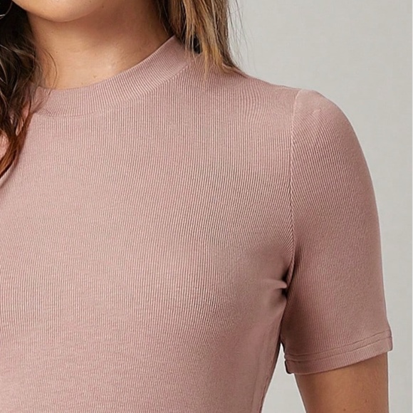 Dusty Pink Rib-Knit High Neck Short Sleeve Slim Fit Top Shirt - Picture 6 of 8